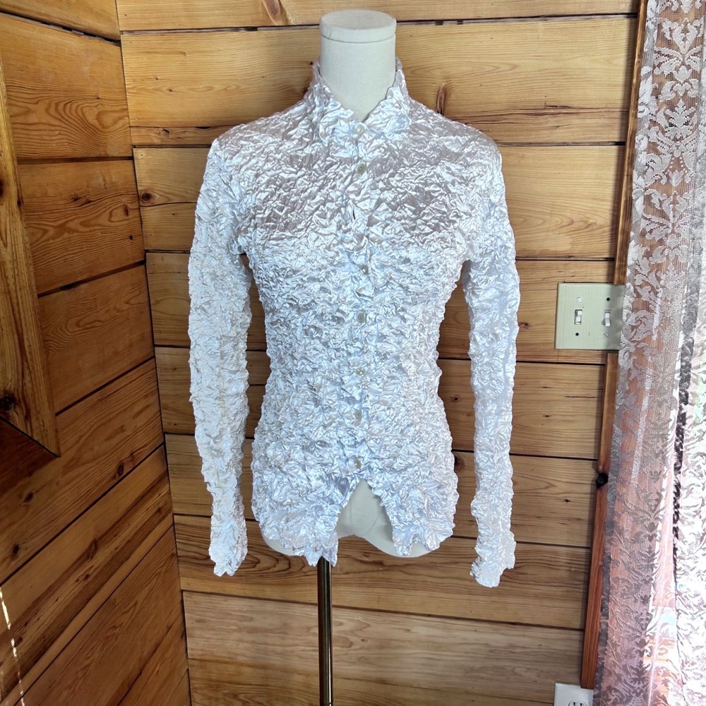 Vintage Popcorn Shirt Women Size 6 White Magic Crinkle Stretchy Simon Chang Y2K